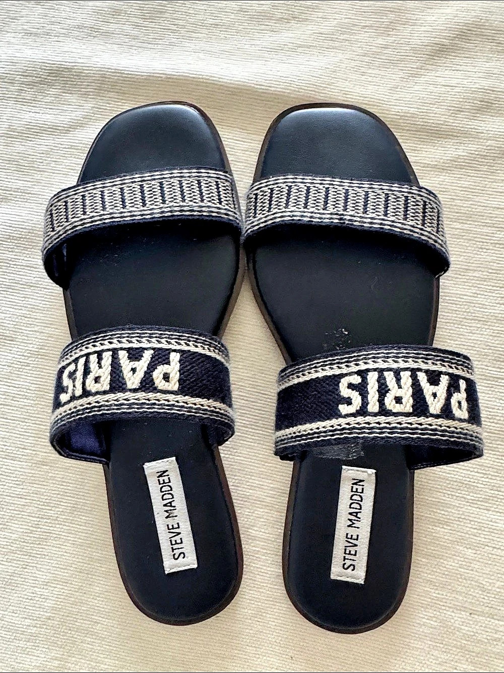 Steve Madden Paris Slide Sandals in Navy & Beige